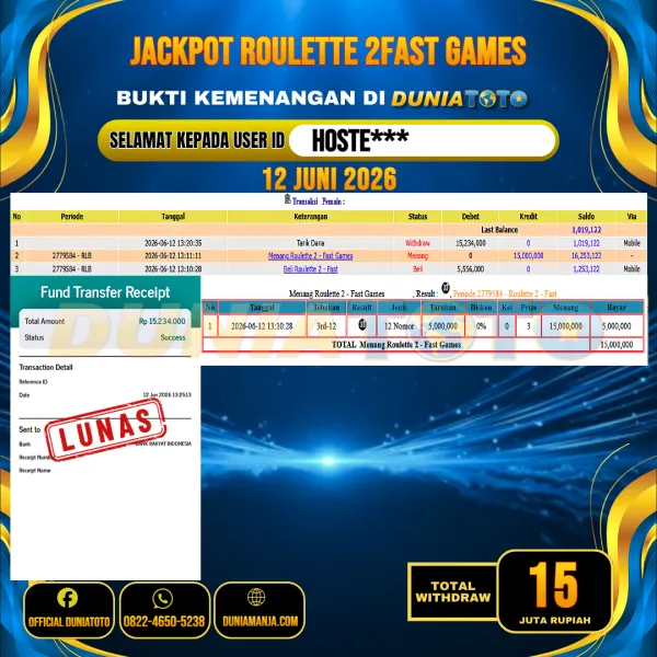 DUNIATOTO  JACKPOT LIVE GAMES ROULETTE 2FAST Rp.15.000.000 - LUNAS USER ID : HOSTE***