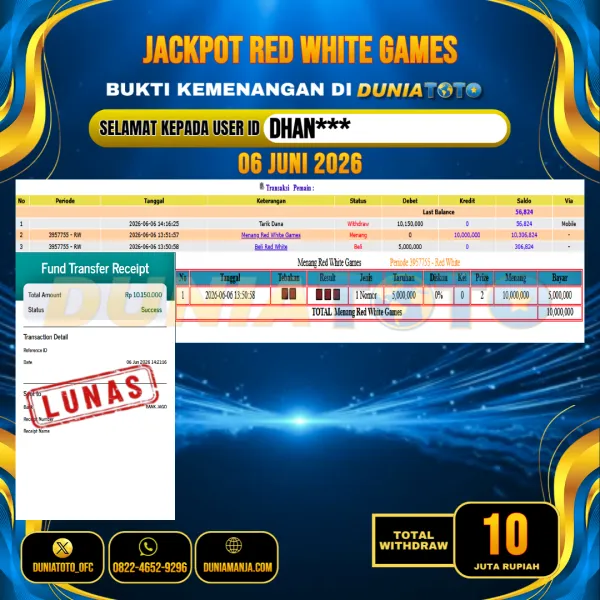 DUNIATOTO  JACKPOT LIVE GAMES RED WHITE GAMES Rp.10.000.000 - LUNAS USER ID : DHAN***