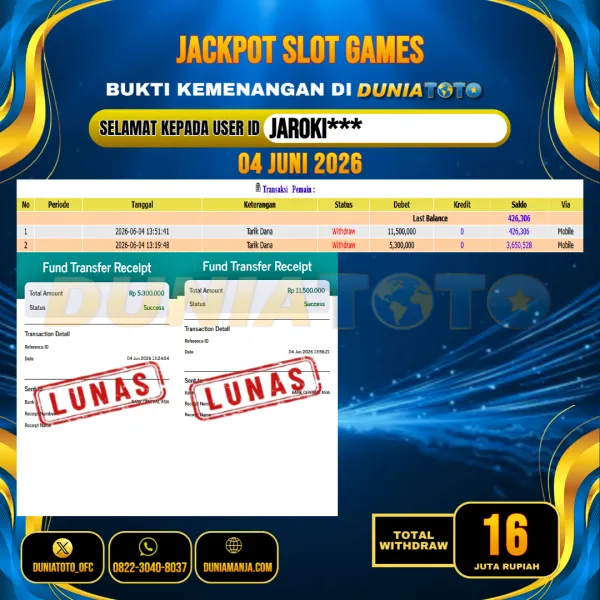 DUNIATOTO  JACKPOT SLOT GAMES Rp.16.000.000 - LUNAS USER ID : JAROKI***