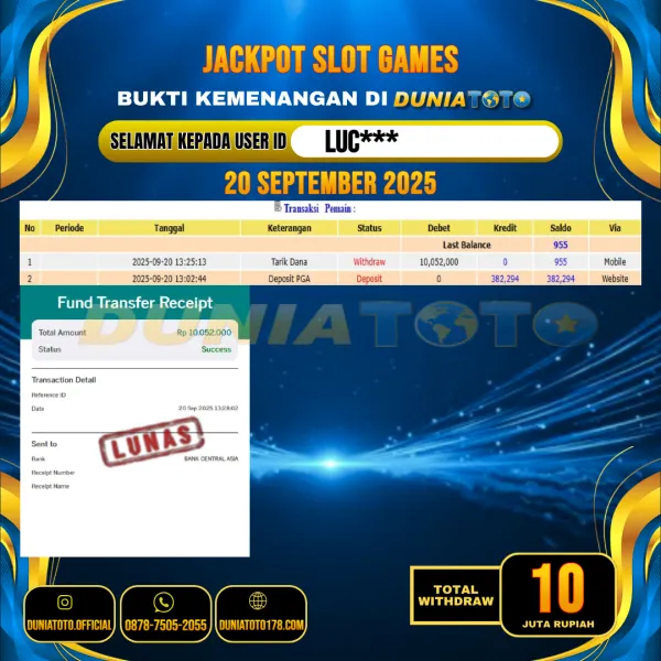 DUNIATOTO JACKPOT SLOT GAMES Rp.10.000.000 - LUNAS USER ID : LUC***