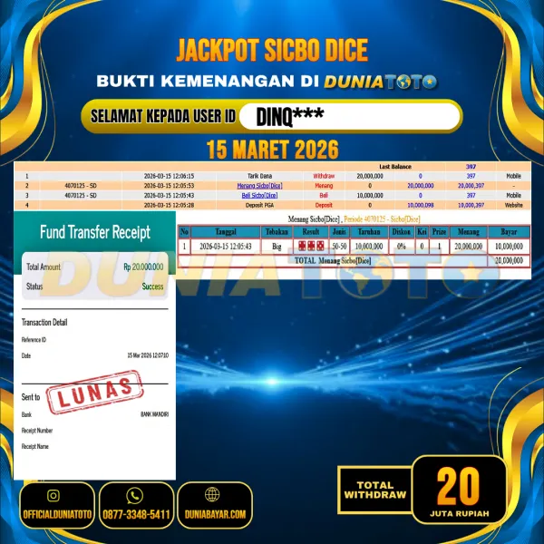  DUNIATOTO  JACKPOT LIVE GAMES SICBO DICE Rp.20.000.000 - LUNAS USER ID : DINQ***