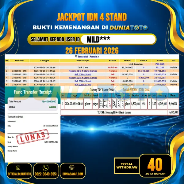  DUNIATOTO JACKPOT LIVE GAMES IDN 4 STAND Rp.40.000.000 - LUNAS USER ID : MILD***