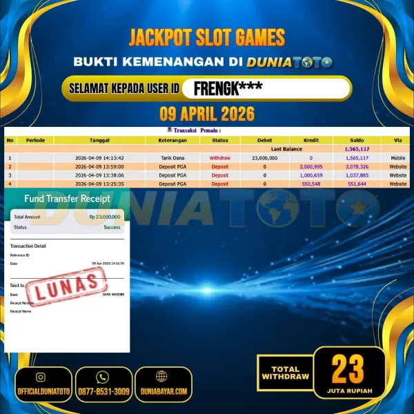 DUNIATOTO JACKPOT SLOT GAMES Rp.23.000.000 - LUNAS USER ID : FRENGK***