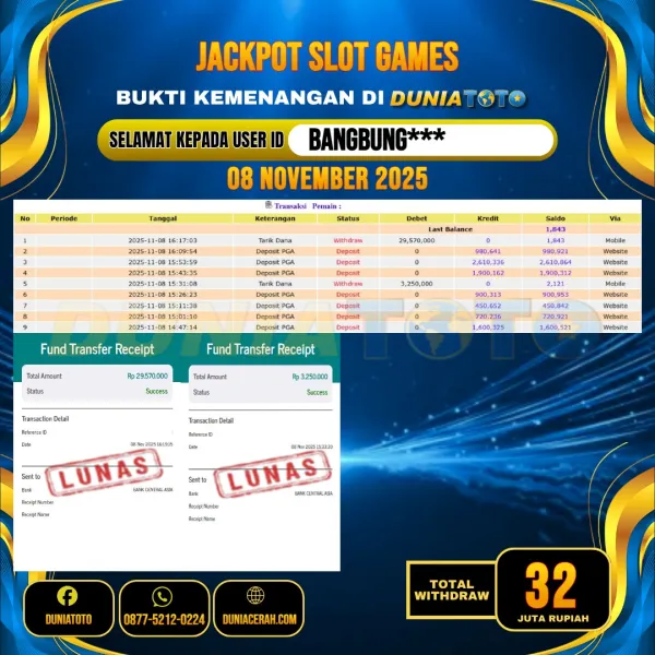    DUNIATOTO JACKPOT SLOT GAMES Rp.32.000.000 - LUNAS USER ID :  BANGBUNG***