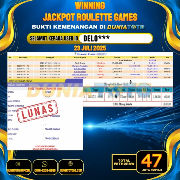 DUNIATOTO JACKPOT LIVE GAMES ROULETTE Rp.47.000.000 - LUNAS USER ID : DELO***