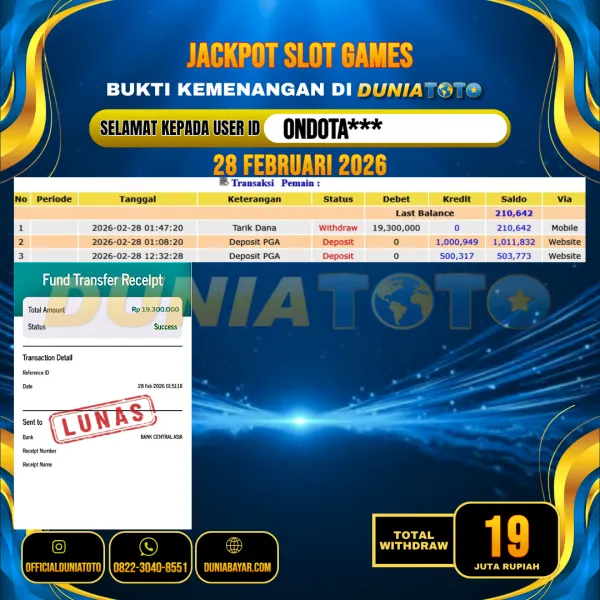  DUNIATOTO JACKPOT SLOT GAMES Rp.19.000.000 - LUNAS USER ID : ONDOTA***