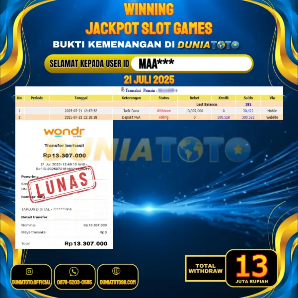 DUNIATOTO JACKPOT SLOT GAMES Rp.13.000.000 - LUNAS USER ID : MAA***
