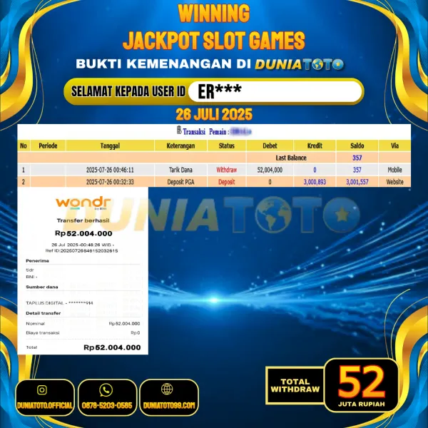 DUNIATOTO JACKPOT SLOT GAMES Rp.52.000.000 - LUNAS USER ID : ER***