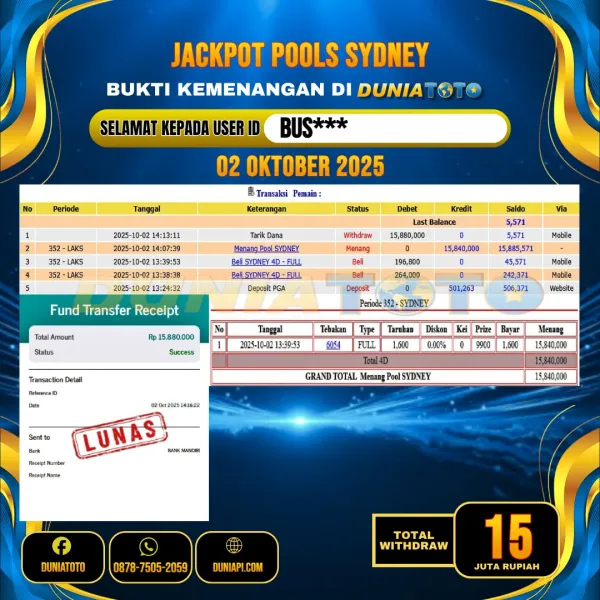   DUNIATOTO  JACKPOT  TOGEL SYDNEY  Rp .15.000.000 - LUNAS USER ID  : BUS***