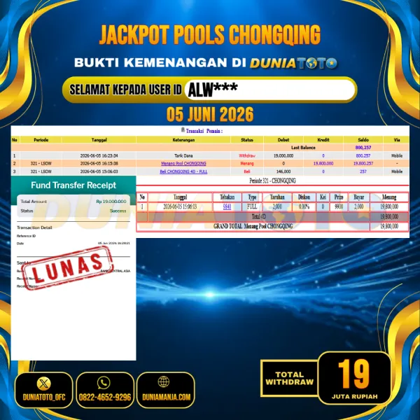 DUNIATOTO  JACKPOT TOGEL CHONGQING Rp.19.000.000 - LUNAS USER ID : ALW***