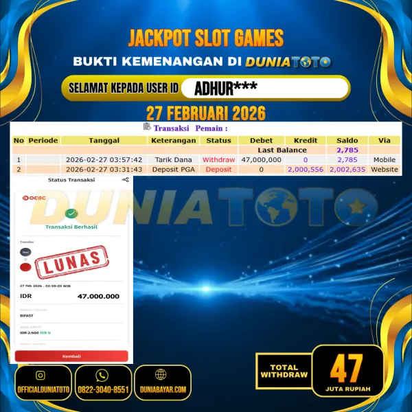  DUNIATOTO JACKPOT SLOT GAMES Rp.47.000.000 - LUNAS USER ID : ADHUR***