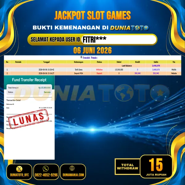 DUNIATOTO  JACKPOT SLOT GAMES Rp.15.000.000 - LUNAS USER ID :  FITRI***