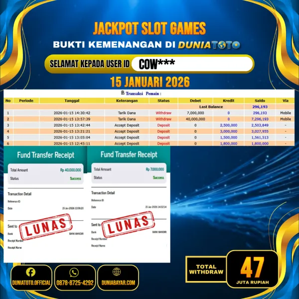 DUNIATOTO JACKPOT SLOT GAMES Rp.47.000.000 - LUNAS USER ID : COW***
