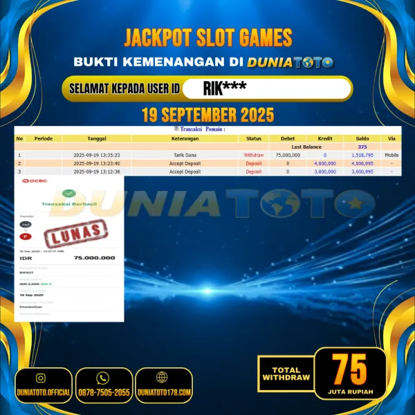 DUNIATOTO JACKPOT SLOT GAMES Rp.75.000.000 - LUNAS USER ID : RIK***