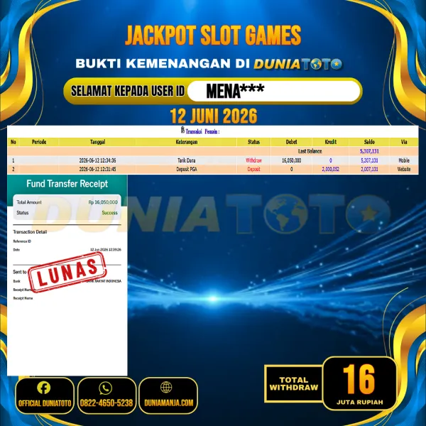 DUNIATOTO  JACKPOT SLOT GAMES Rp.16.000.000 - LUNAS USER ID : MENA***