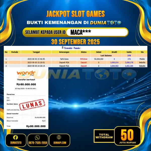 DUNIATOTO   JACKPOT  SLOT GAMES Rp.50.000.000 - LUNAS USER ID : MACA***