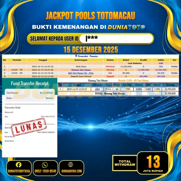  DUNIATOTO JACKPOT TOGEL TOTOMACAU 4D Rp.13.000.000 - LUNAS USER ID :  I***