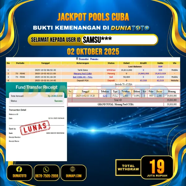  DUNIATOTO  JACKPOT  TOGEL CUBA Rp.19.000.000 - LUNAS USER ID : SAMSU***