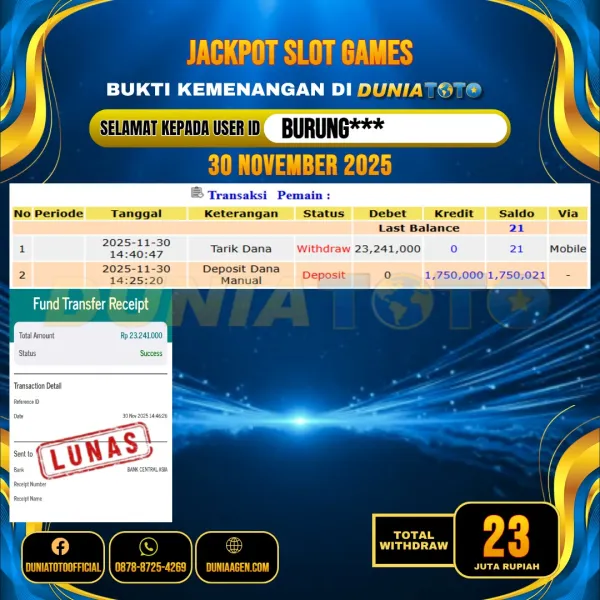 DUNIATOTO JACKPOT SLOT GAMES Rp.23.000.000 - LUNAS USER ID :  BURUNG***