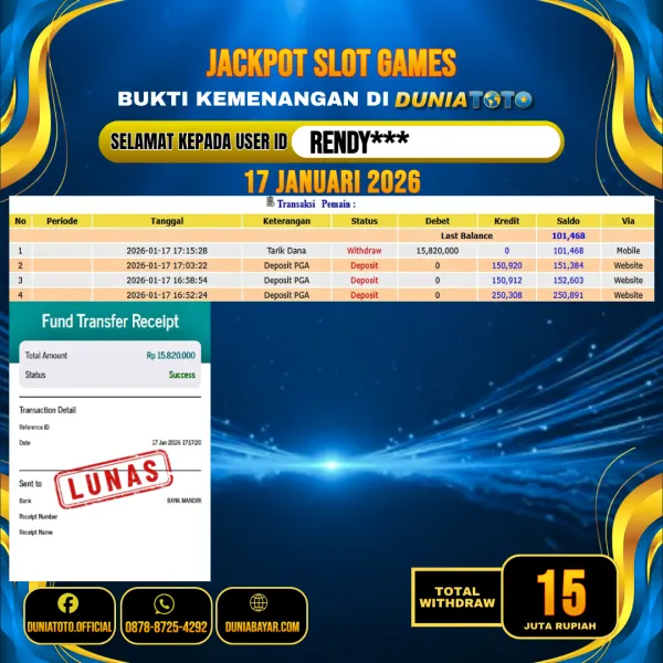 DUNIATOTO JACKPOT SLOT GAMES Rp.15.000.000 - LUNAS USER ID : RENDY***