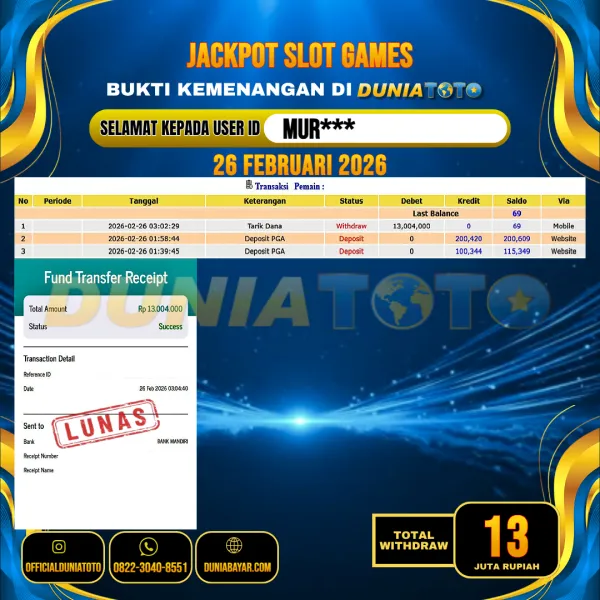  DUNIATOTO JACKPOT SLOT GAMES Rp.13.000.000 - LUNAS USER ID : MUR***
