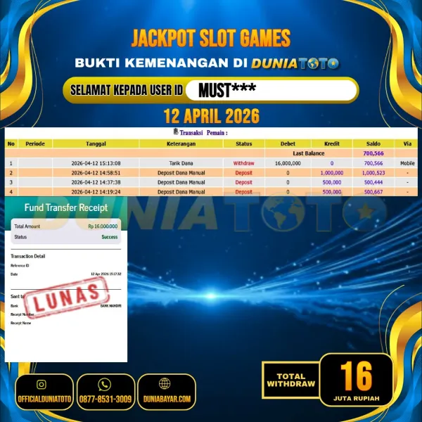 DUNIATOTO JACKPOT SLOT GAMES Rp.16.000.000 - LUNAS USER ID : MUST***