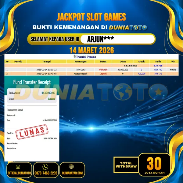  DUNIATOTO  JACKPOT SLOT GAMES Rp.30.000.000 - LUNAS USER ID : ARJUN***