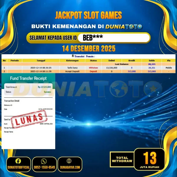  DUNIATOTO  JACKPOT SLOT GAMES Rp.13.000.000 - LUNAS USER ID :  BEB***