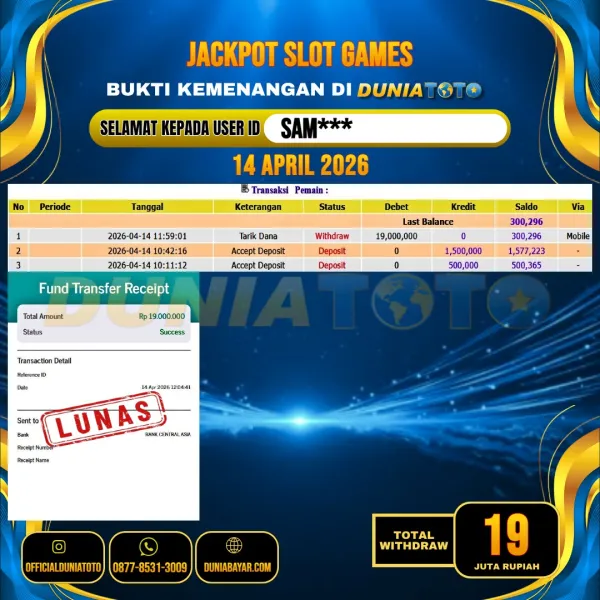 DUNIATOTO JACKPOT SLOT GAMES Rp.19.000.000 - LUNAS USER ID : SAM***