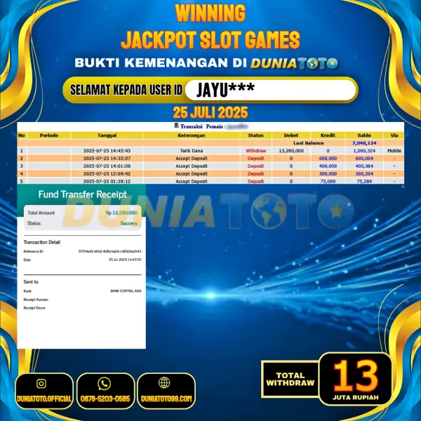 DUNIATOTO JACKPOT SLOT GAMES Rp.13.000.000 - LUNAS USER ID : JAYU***