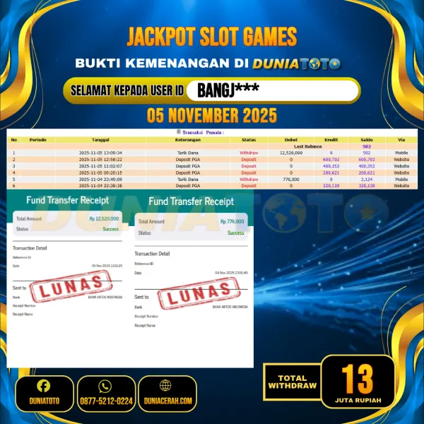    DUNIATOTO JACKPOT SLOT GAMES Rp.13.000.000 - LUNAS USER ID :  BANGJ***