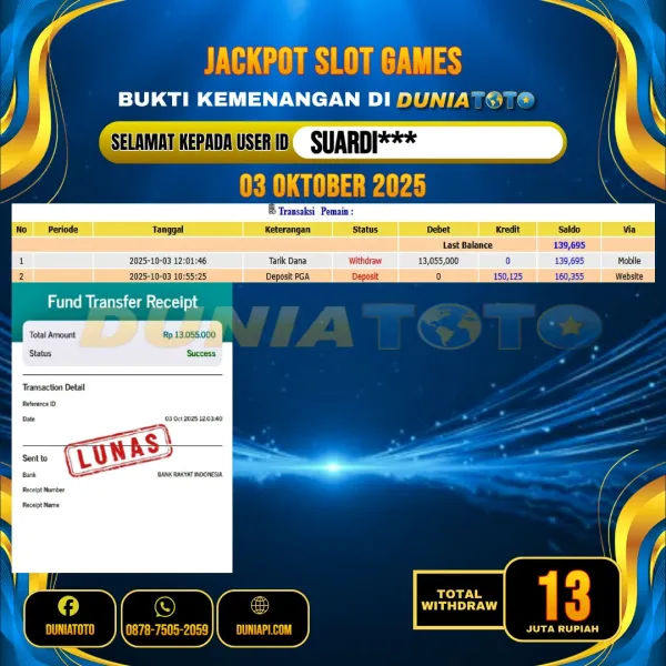  DUNIATOTO  JACKPOT  SLOT GAMES Rp.13.000.000 - LUNAS USER ID  : SUARDI***