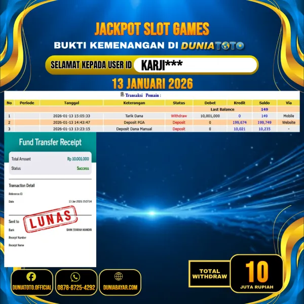 DUNIATOTO JACKPOT SLOT GAMES  Rp.10.000.000 - LUNAS USER ID : KARJI***