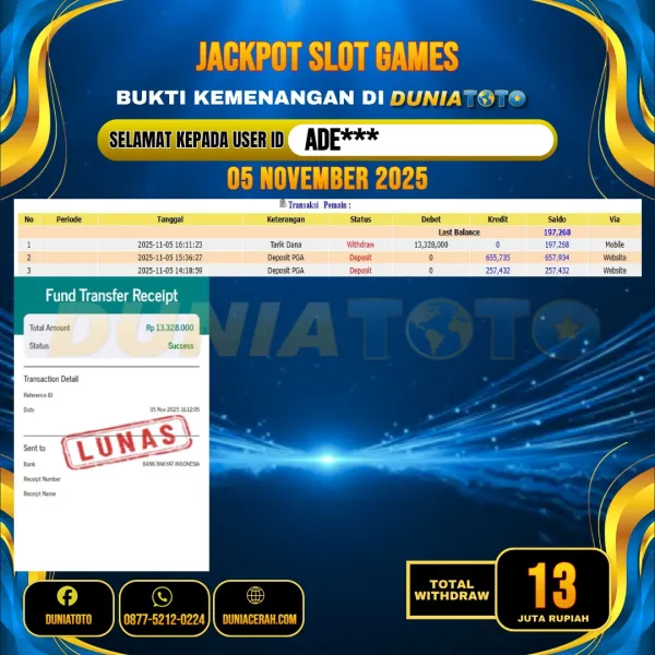    DUNIATOTO JACKPOT SLOT GAMES Rp.13.000.000 - LUNAS USER ID :  ADE***