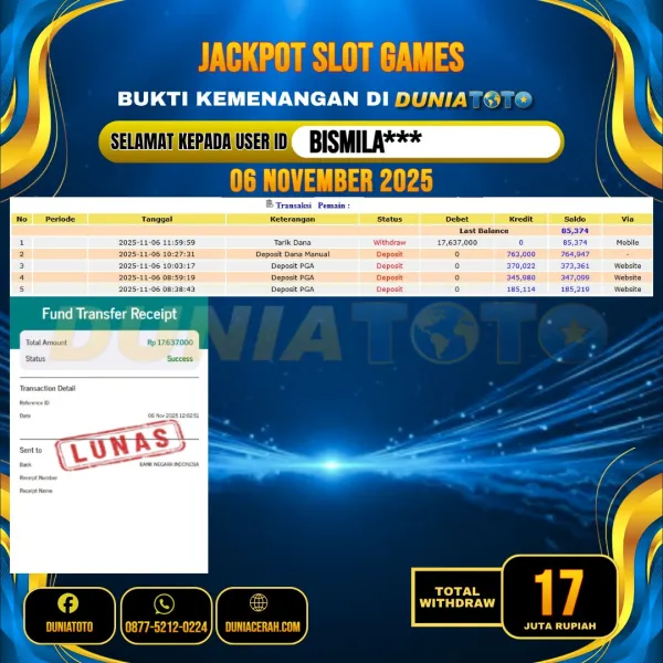    DUNIATOTO JACKPOT SLOT GAMES Rp.17.000.000 - LUNAS USER ID :  BISMILA***