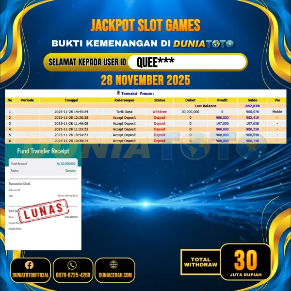 DUNIATOTO JACKPOT SLOT GAMES Rp.30.000.000 - LUNAS USER ID :  QUEE***