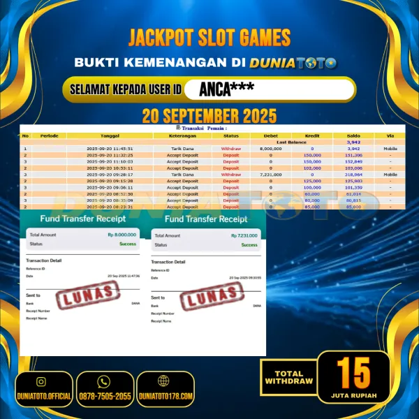 DUNIATOTO JACKPOT SLOT GAMES Rp.15.000.000 - LUNAS USER ID : ANCA***