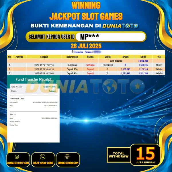 DUNIATOTO JACKPOT SLOT GAMES Rp.15.000.000 - LUNAS USER ID : MP***