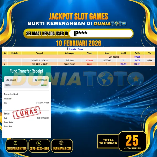  DUNIATOTO JACKPOT SLOT GAMES Rp.25.000.000 - LUNAS USER ID : IP***