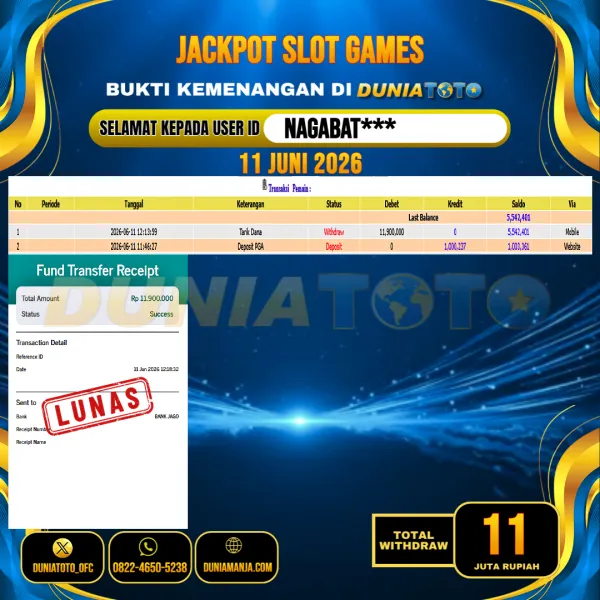 DUNIATOTO  JACKPOT SLOT GAMES Rp.11.000.000 - LUNAS USER ID : NAGABAT***