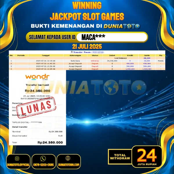 DUNIATOTO JACKPOT SLOT GAMES Rp.24.000.000 - LUNAS USER ID : MACA***